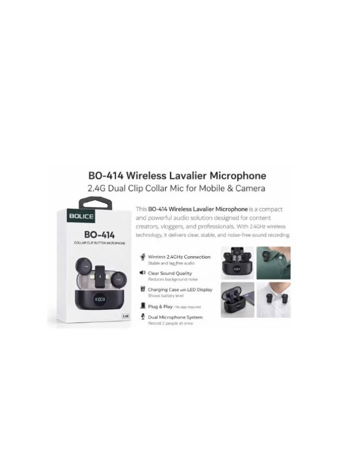 Bolice BO-414 Wireless Collar Clip Button Microphone – 2.4G Dual Transmitter with Charging Case & Lightning Receiver for iPhone - Image 2
