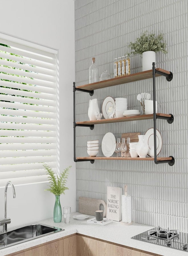 YCCO Industrial Pipe Shelf Brackets Wall Mount, Open Black Pipe Shelving for Kitchen,Floating Shelf Brackets Mount,Open Bookshelf Brackets for Shelves,Wall Shelves 12 Inch Deep,(2PcsX3Tier,32" Tall) - Image 2