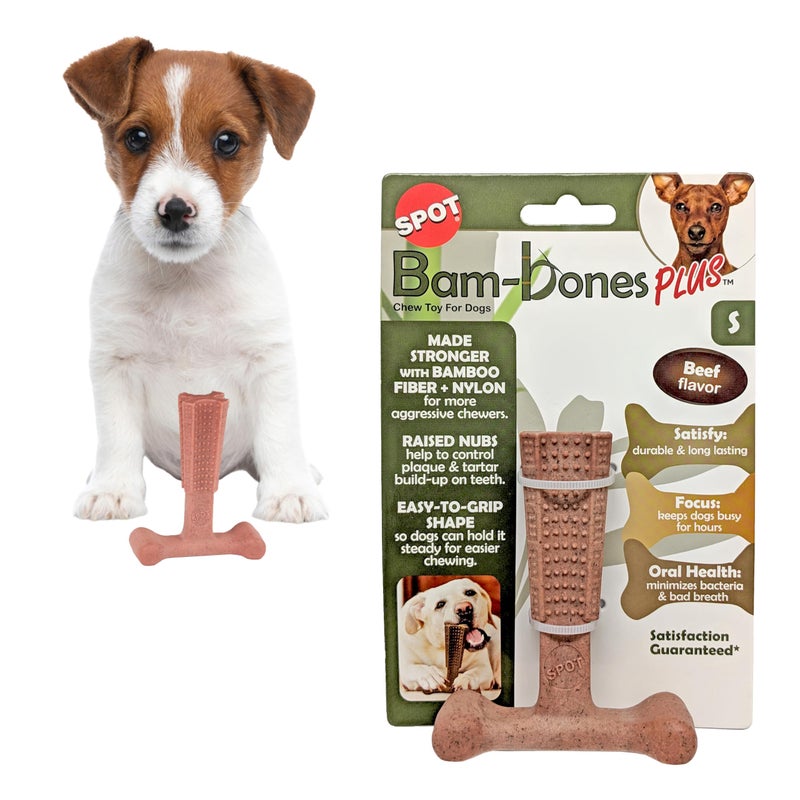 SPOT Bam-Bones Plus T Bone â€“ Bamboo Fiber & Nylon Dog Chew Toy for Moderate to Aggressive Chewers, Durable & Non-Splintering, Long Lasting Beef Flavor Toy for Dogs & Puppies Under 30 lbs, 4 in - Image 1