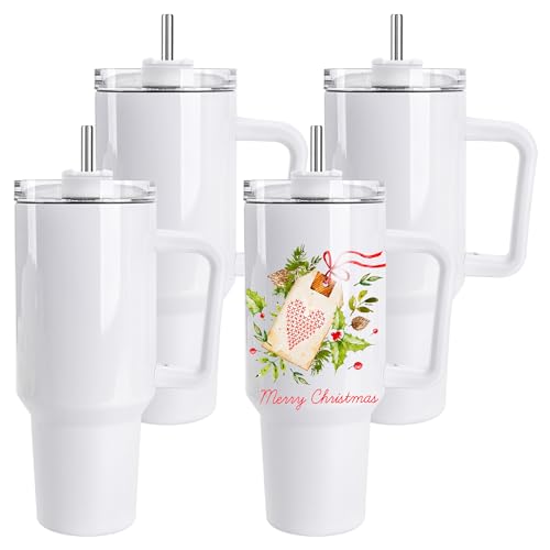 DS 4 Pack 40 oz Sublimation Tumbler with Handle Insulated Large Sublimation Tumblers Bulk with Lids and Straws Stainless Steel Coffee Mugs for DIY Craft Heat Press Print