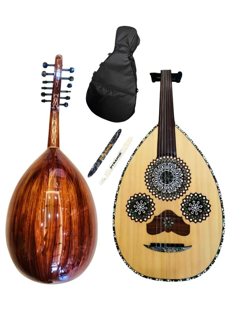 Al-Karz Music Professional Super Lux Musical Oud with Spruce Top Blue Shell Inlay Brazilian Sheesham Back Sheesham Fingerboard Including Case and Picks 