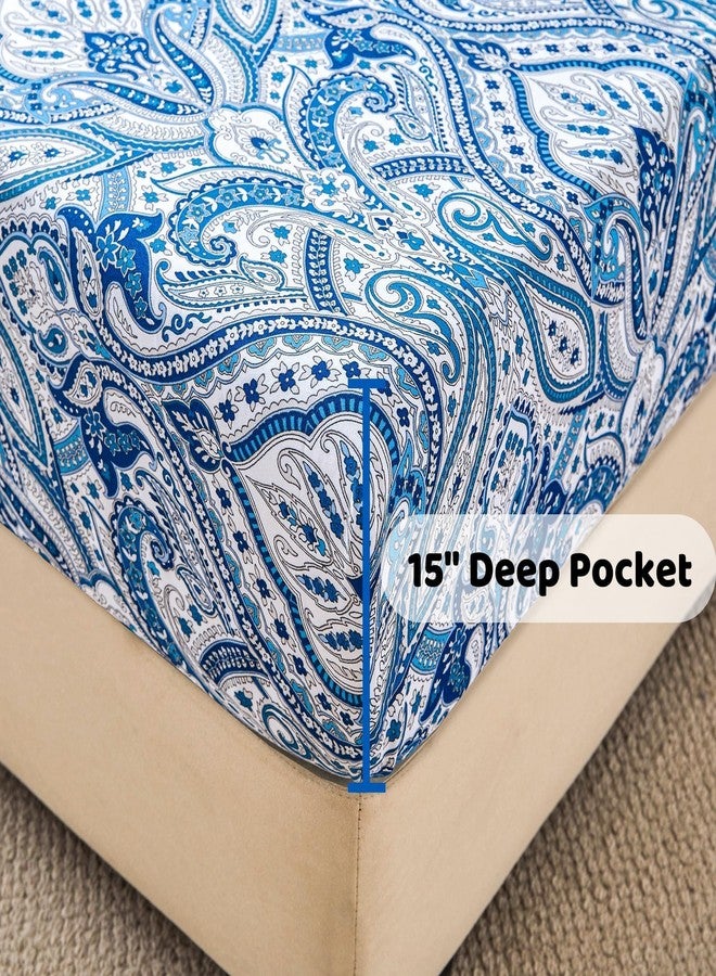 softan Blue Paisley Printed Bed Sheets Full Size, Floral Sheet Set Full, Brushed Microfiber Fitted Sheet with 15" Deep Pocket, Flower Double Sheet & Pillowcase Sets - Image 4