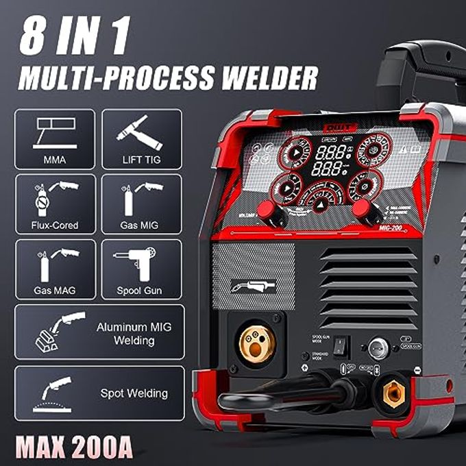 AWT Mig Welder, 200Amp 8 In 1 Gas Mig/Gasless Flux Core Mig/Stick/Lift Tig/Spot Welding/Spool Gun Aluminum Mig Welder, 110/220V Dual Voltage, Multi-Process Welding Machine With Led Digital Display - Image 2