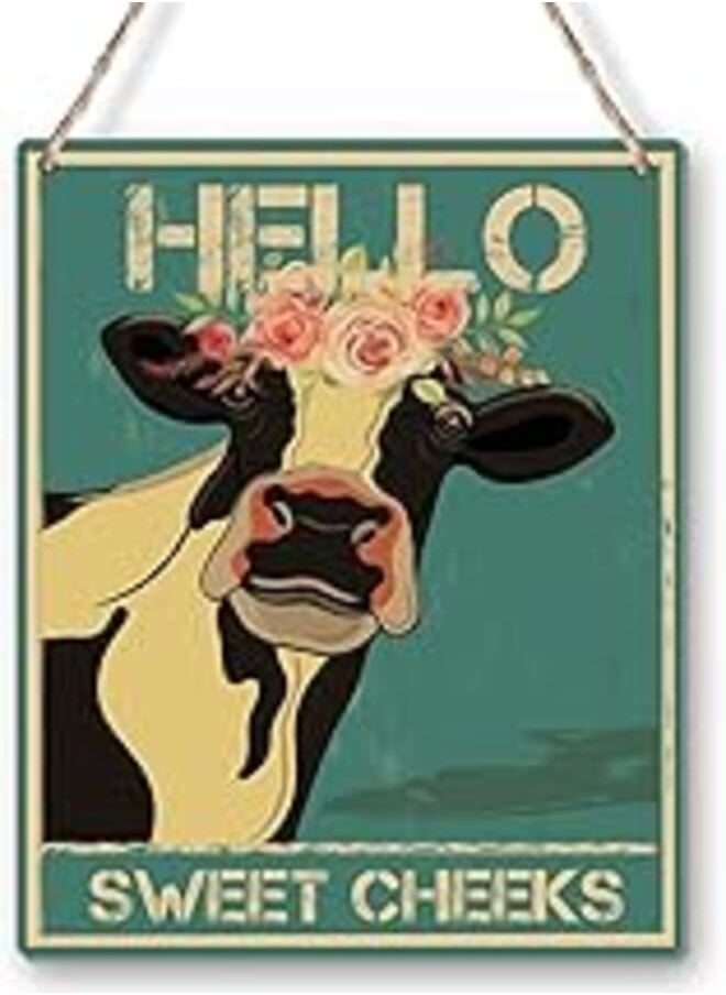 Yuzi-n Funny Vintage Bathroom Quotes Hello Sweet Cheeks Cow Retro Farmhouse Poster Wood Hanging Plaque Wall Art Retro Positive Quotes Wooden Sign Decorative for Home Decor 8x10 