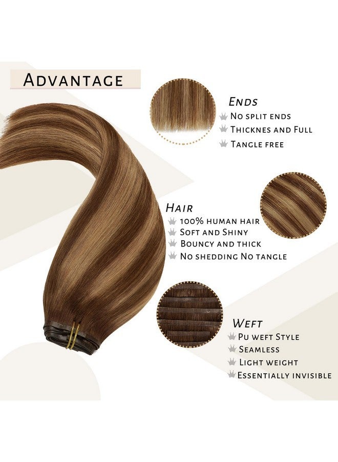 كاليي وصلات شعر كالي بدون خياطة، شعر بشري رقيق للغاية، نسيج جلدي مزدوج من البولي يوريثان، وصلات شعر بشري حقيقي R4-4/27، لون بني شوكولاتة إلى أشقر كراميل، وصلات شعر أومبري، 16 بوصة، 110 جرام، 7 قطع - Image 4