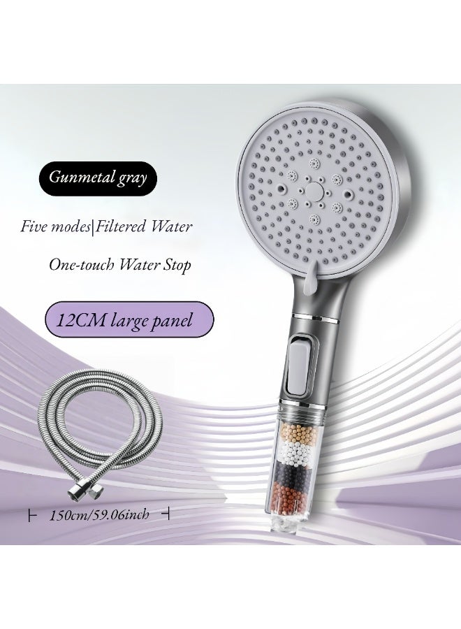 رأس دش محمول باليد عالي الضغط مزود بفلتر مع 5 أوضاع رش، خرطوم من الفولاذ المقاوم للصدأ بطول 59 بوصة وحامل، قابل للفصل لتليين المياه العسرة والاستحمام المريح - Image 2