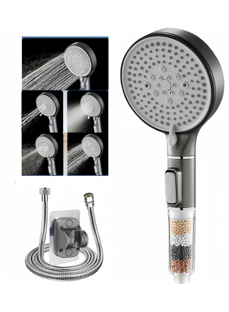 رأس دش محمول باليد عالي الضغط مزود بفلتر مع 5 أوضاع رش، خرطوم من الفولاذ المقاوم للصدأ بطول 59 بوصة وحامل، قابل للفصل لتليين المياه العسرة والاستحمام المريح - Image 1