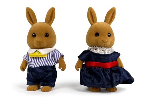 OLEOCA Family Brown Rabbit Figures Set of 2 Collectible Flocked Mini Dolls with Removable Clothes Miniature Dollhouse Pretend Play Figures for Kids Ages 3 - Image 1