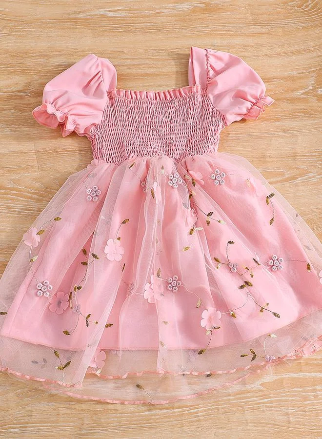 Take Two Floral Embroidery Puff Sleeve Smocked Dress