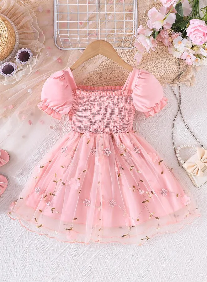 Take Two Floral Embroidery Puff Sleeve Smocked Dress
