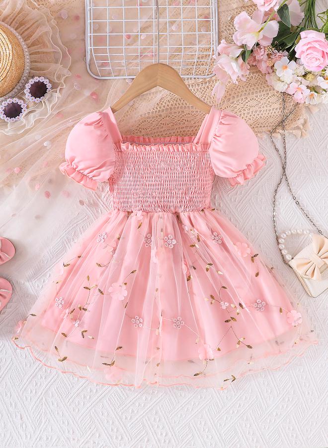 Take Two Floral Embroidery Puff Sleeve Smocked Dress - Image 1