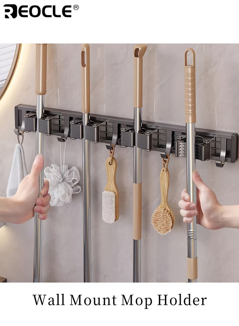 REOCLE Wall Mounted Mop Broom Holder with 4 Slots and 5 Adjustable Hooks Heavy Duty Metal Tool Organizer with Rust Proof Lacquered Finish for Home Kitchen Garage Laundry Room Storage - Image 1