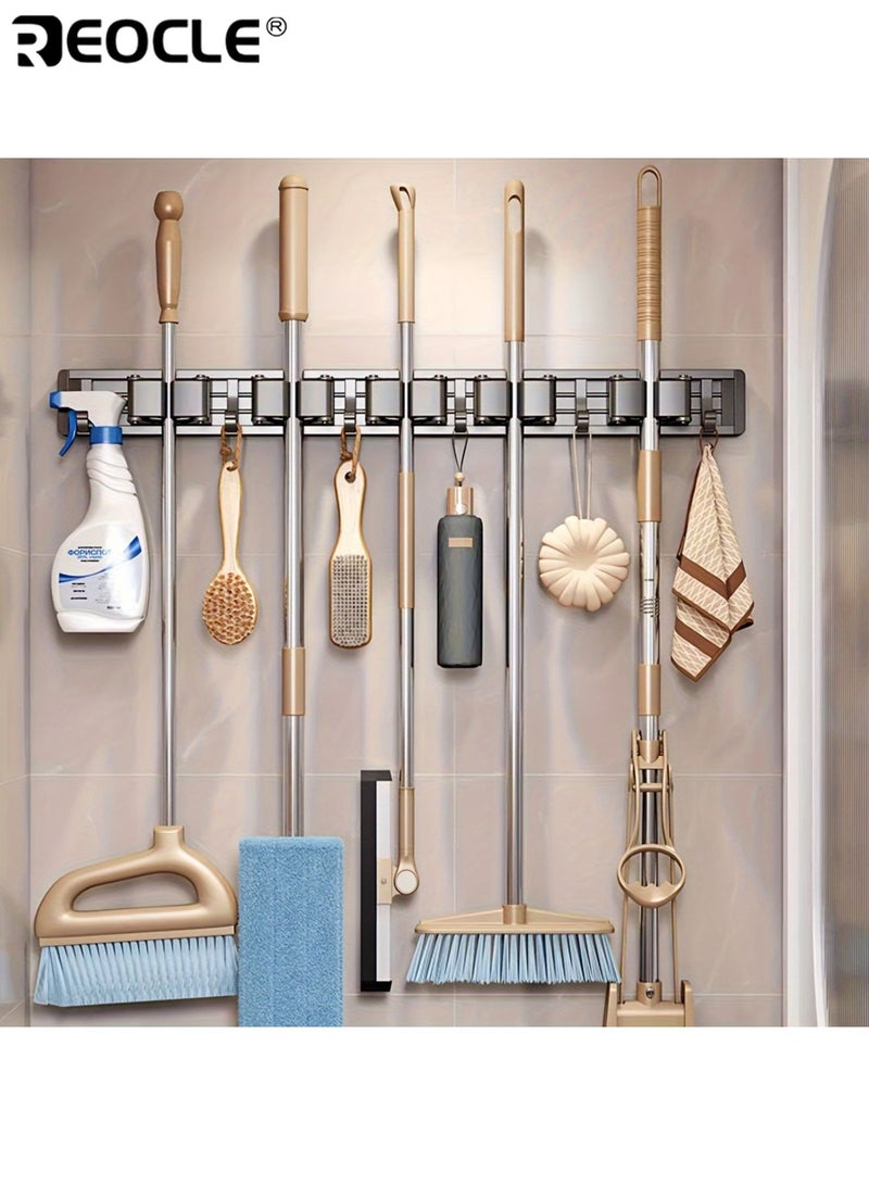 REOCLE Wall Mounted Mop Broom Holder with 4 Slots and 5 Adjustable Hooks Heavy Duty Metal Tool Organizer with Rust Proof Lacquered Finish for Home Kitchen Garage Laundry Room Storage - Image 2