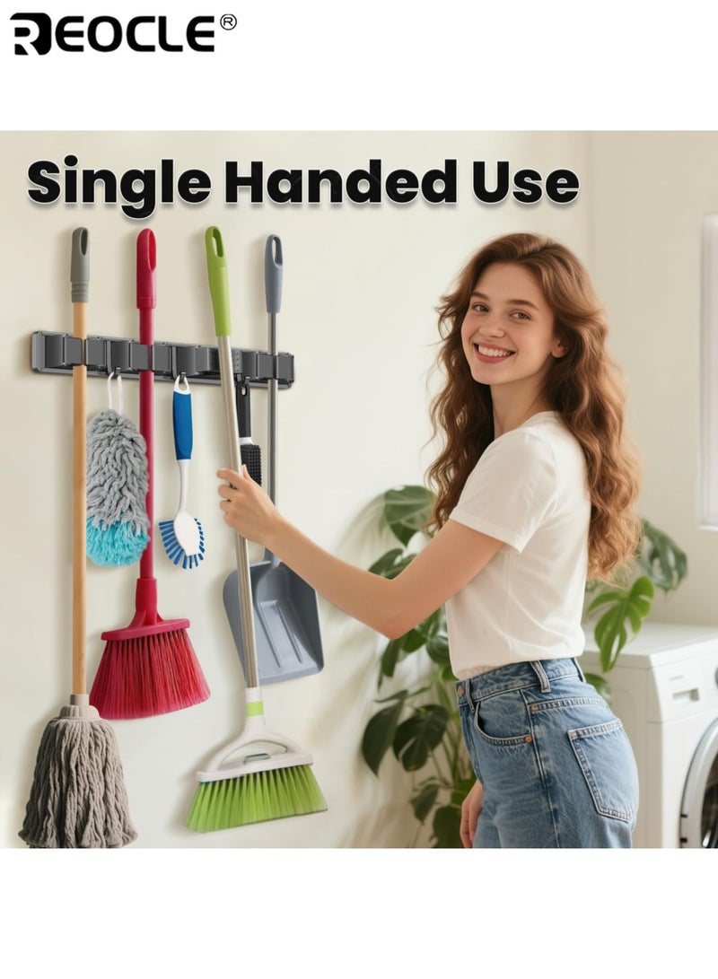 REOCLE Wall Mounted Mop Broom Holder with 4 Slots and 5 Adjustable Hooks Heavy Duty Metal Tool Organizer with Rust Proof Lacquered Finish for Home Kitchen Garage Laundry Room Storage - Image 4