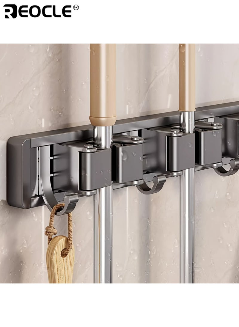 REOCLE Wall Mounted Mop Broom Holder with 4 Slots and 5 Adjustable Hooks Heavy Duty Metal Tool Organizer with Rust Proof Lacquered Finish for Home Kitchen Garage Laundry Room Storage - Image 3