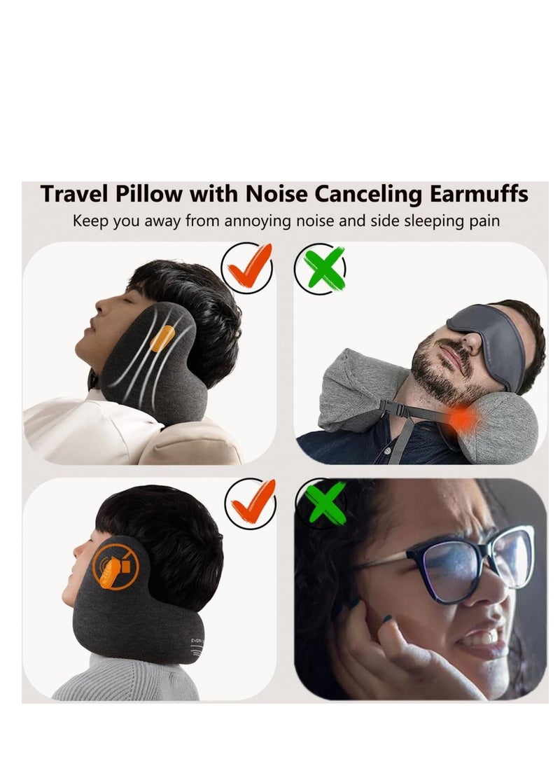 Everythink Travel Pillow for Neck Support, Memory Foam Neck Pillow with Noise Canceling Earmuffs  - Image 4
