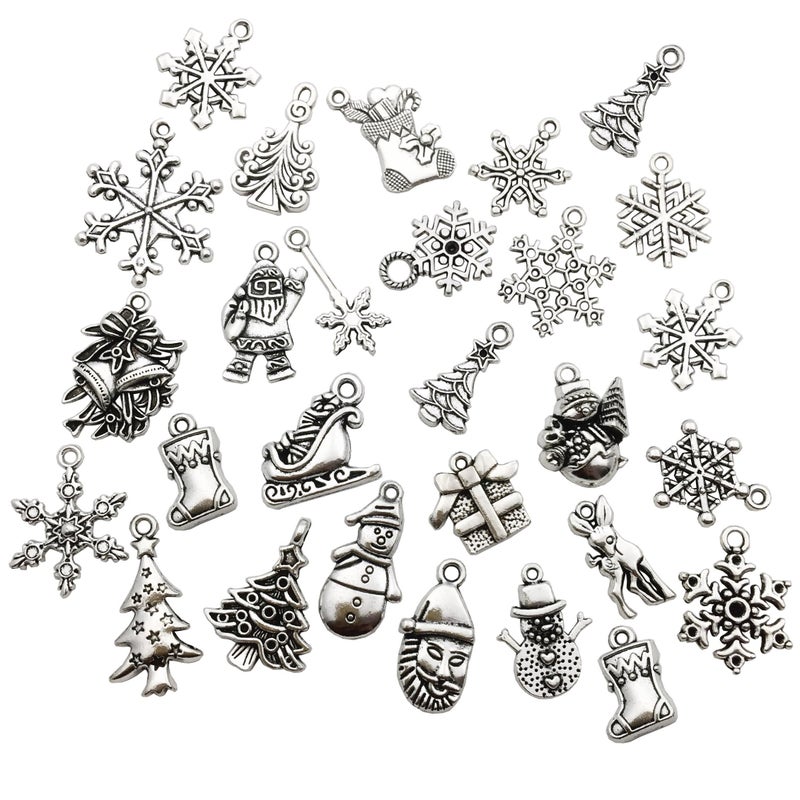 75 pcs Mixed Craft Supplies Christmas Tree Snowflakes Deer Bell Stocking Charms Pendants for Crafting Jewelry Findings Making Accessory For DIY Necklace Bracelet M041