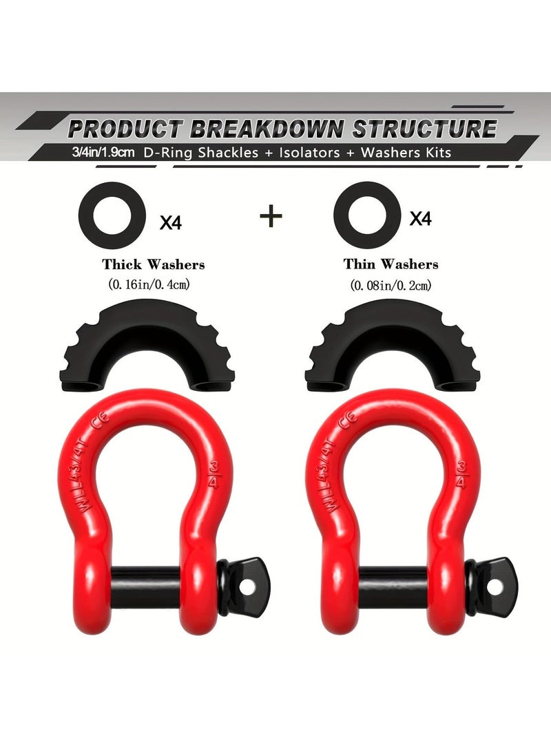 Shackles 3/4" D-Ring Shackle Heavy Duty (2 Pack)  - 57,000 lbs Break Strength Clevis Towing Hook with 7/8" Pin & Isolator Washers for Off Road Recovery, Winch, Tow Strap - Fit Jeep, Truck, SUV (Red/Black) - Image 2