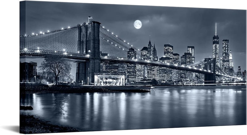 LevvArts - Large Size Brooklyn Bridge Canvas Wall Art, Moon Night New York City Scene Picture Print on Canvas, Framed Gallery Wrapped, Modern Home and Office Decoration, 24"x48" - Image 1