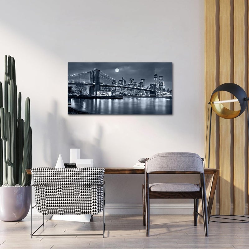 LevvArts - Large Size Brooklyn Bridge Canvas Wall Art, Moon Night New York City Scene Picture Print on Canvas, Framed Gallery Wrapped, Modern Home and Office Decoration, 24"x48" - Image 2
