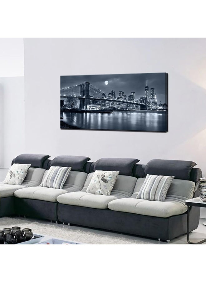 LevvArts - Large Size Brooklyn Bridge Canvas Wall Art, Moon Night New York City Scene Picture Print on Canvas, Framed Gallery Wrapped, Modern Home and Office Decoration, 24"x48" - Image 3