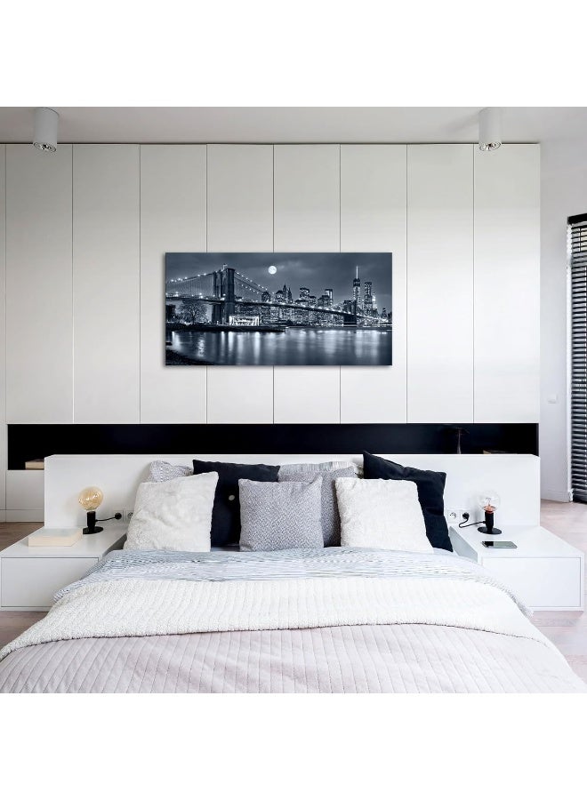 LevvArts - Large Size Brooklyn Bridge Canvas Wall Art, Moon Night New York City Scene Picture Print on Canvas, Framed Gallery Wrapped, Modern Home and Office Decoration, 24"x48" - Image 4