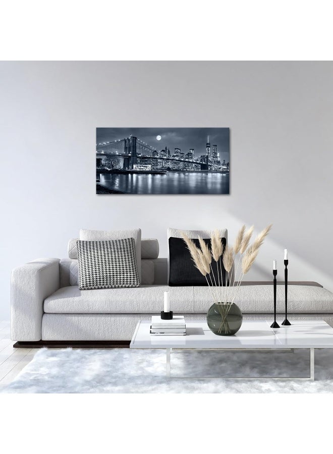 LevvArts - Large Size Brooklyn Bridge Canvas Wall Art, Moon Night New York City Scene Picture Print on Canvas, Framed Gallery Wrapped, Modern Home and Office Decoration, 24"x48" - Image 5