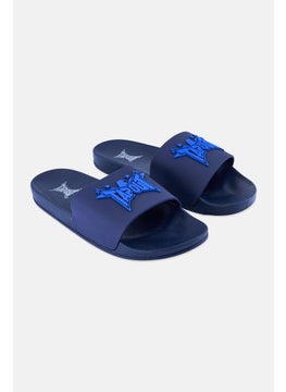 Men Brand Logo Slip On Slides, Navy Blue