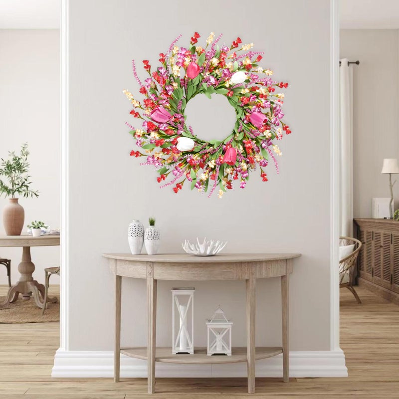 Sggvecsy Spring Summer Wreath for Front Door 22 Inch Artificial Colorful Flower Wreath with Colorful Tulips Greenery Leaves Lavender for All Seasons Home Farmhouse Indoor Outdoor Wall Decor (Mixed) - Image 4