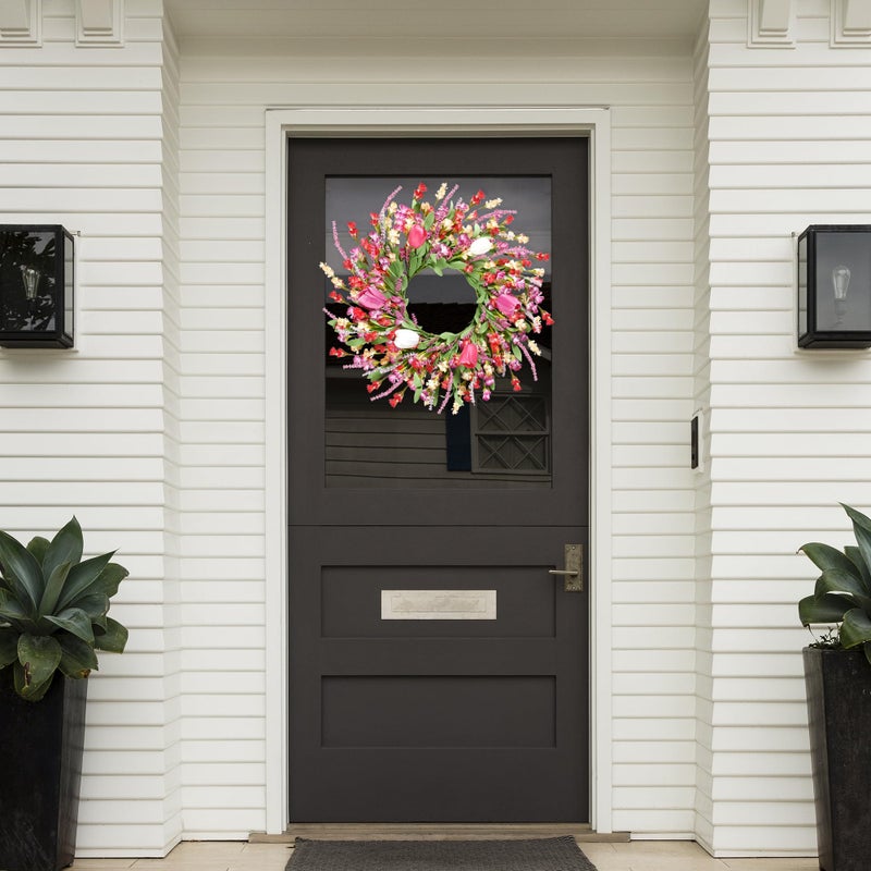 Sggvecsy Spring Summer Wreath for Front Door 22 Inch Artificial Colorful Flower Wreath with Colorful Tulips Greenery Leaves Lavender for All Seasons Home Farmhouse Indoor Outdoor Wall Decor (Mixed) - Image 5