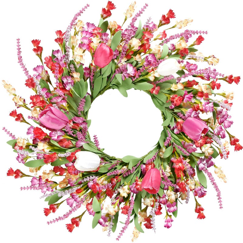Sggvecsy Spring Summer Wreath for Front Door 22 Inch Artificial Colorful Flower Wreath with Colorful Tulips Greenery Leaves Lavender for All Seasons Home Farmhouse Indoor Outdoor Wall Decor (Mixed) - Image 1