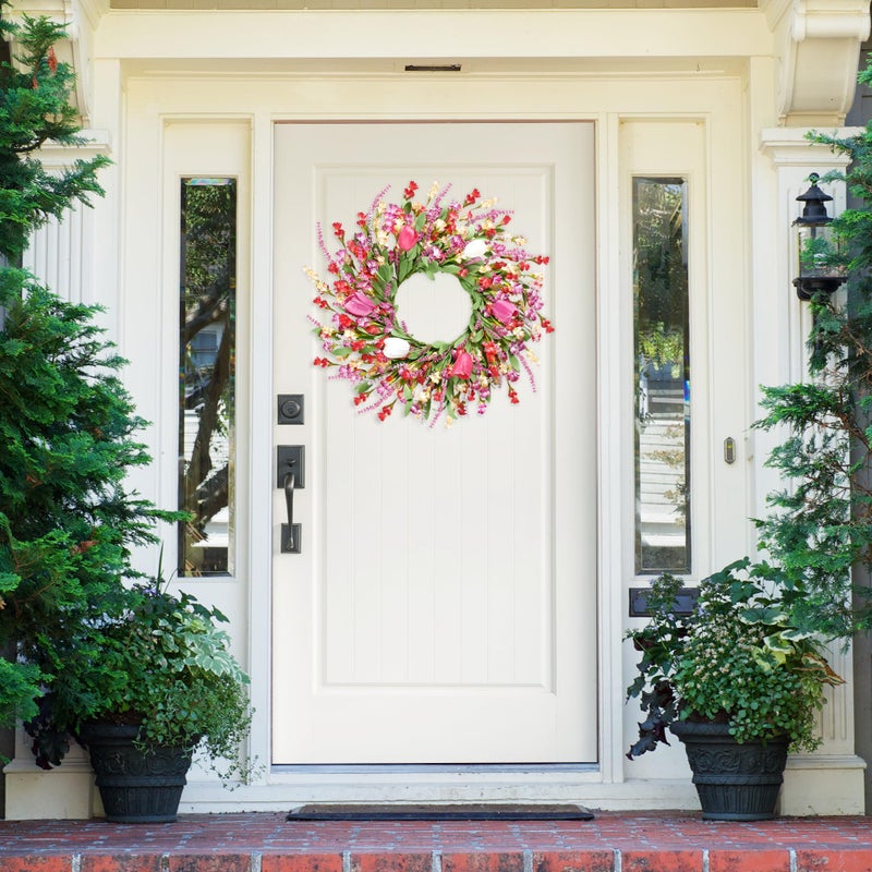 Sggvecsy Spring Summer Wreath for Front Door 22 Inch Artificial Colorful Flower Wreath with Colorful Tulips Greenery Leaves Lavender for All Seasons Home Farmhouse Indoor Outdoor Wall Decor (Mixed) - Image 2