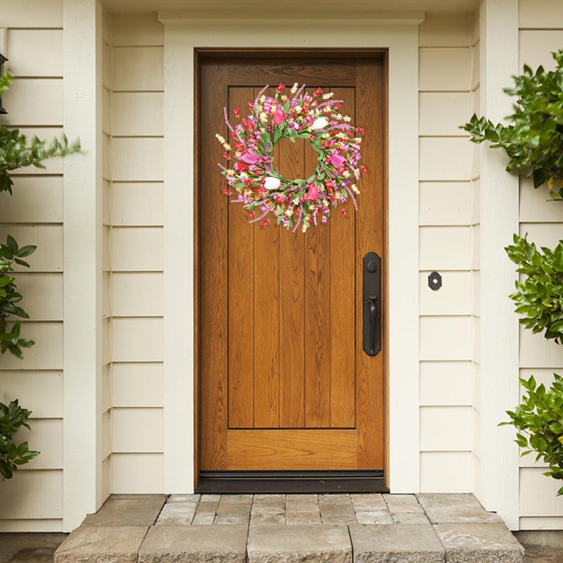 Sggvecsy Spring Summer Wreath for Front Door 22 Inch Artificial Colorful Flower Wreath with Colorful Tulips Greenery Leaves Lavender for All Seasons Home Farmhouse Indoor Outdoor Wall Decor (Mixed) - Image 3