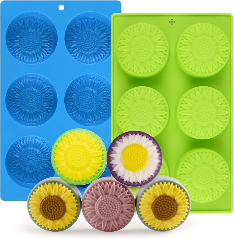 Actvty Round Sunflower Soap Molds, 2 Pack 6 Cavity Cylinder Daisy Flower Silicone Molds for Making Hot Chocolate Bomb, Cake, Jelly, Soap, Lotion Bars - Image 1