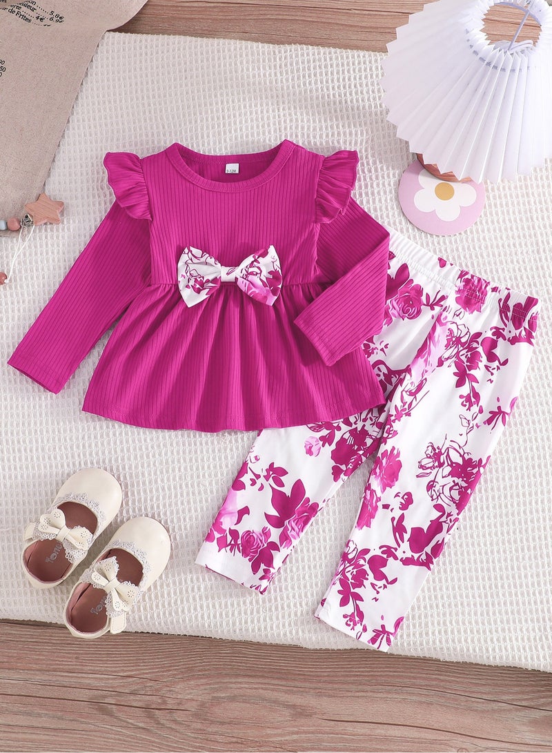 2-Piece Baby Girl Outfit Set, Pink Long Sleeve Top with Floral Pants, for 12-18 Months, Perfect for Outfit and Home Pajama - Image 1