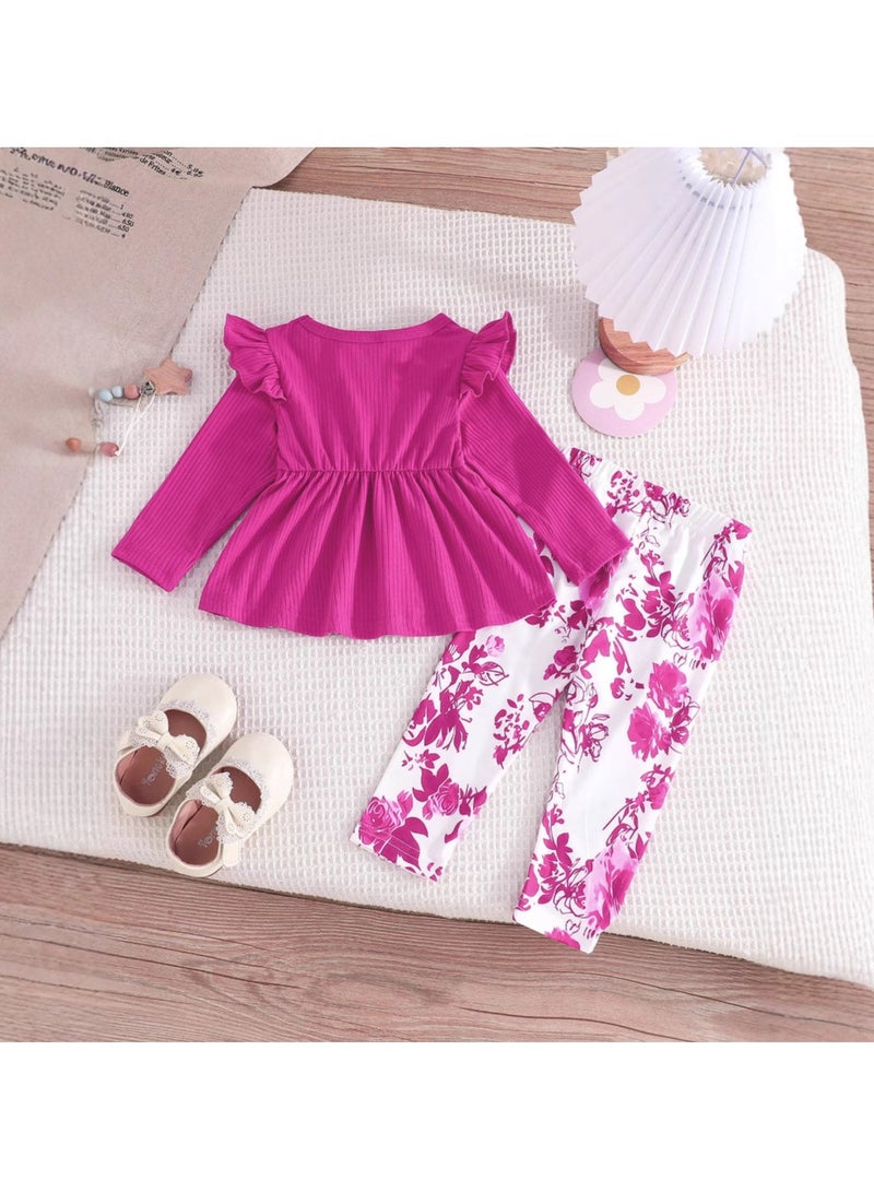 2-Piece Baby Girl Outfit Set, Pink Long Sleeve Top with Floral Pants, for 12-18 Months, Perfect for Outfit and Home Pajama - Image 2