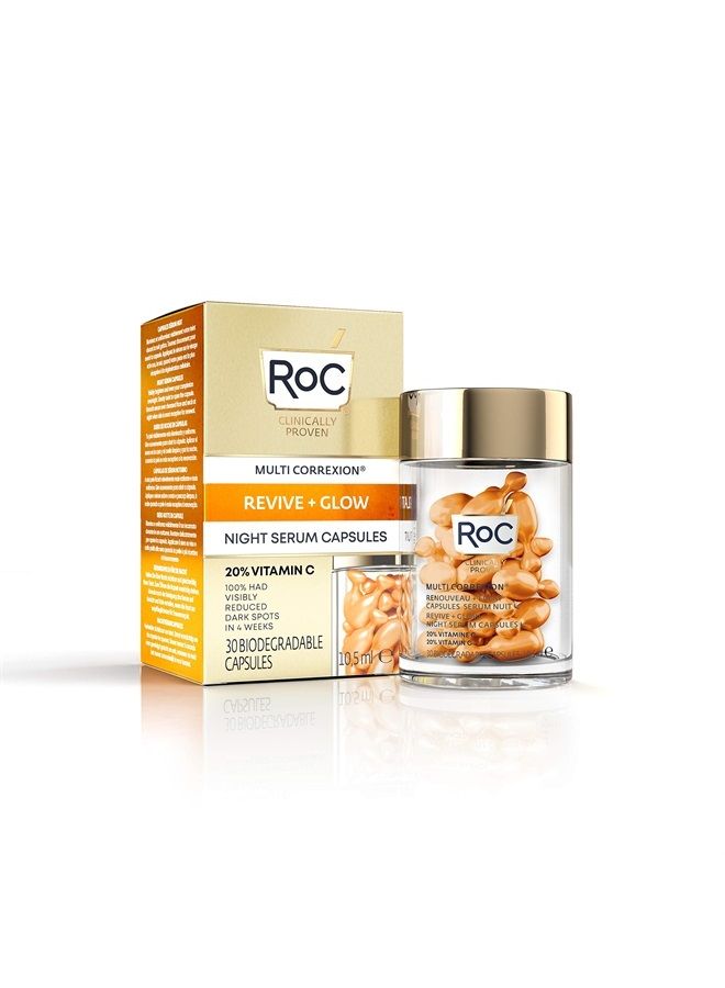 RoC كبسولات سيروم الليل متعددة التصحيح ريفيف + جلو 20% فيتامين سي النقي للتفتيح، البقع الداكنة، والملمس - Image 1