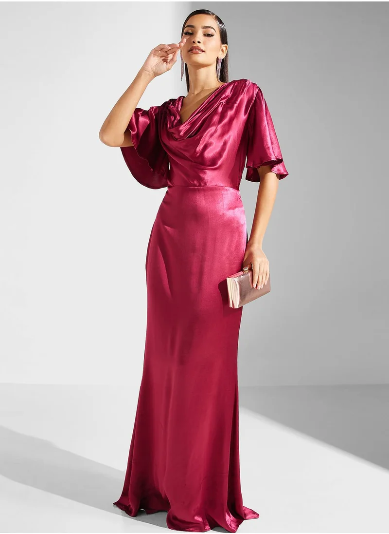 Goddiva Cowl Neck Flared Sleeve Satin Dress