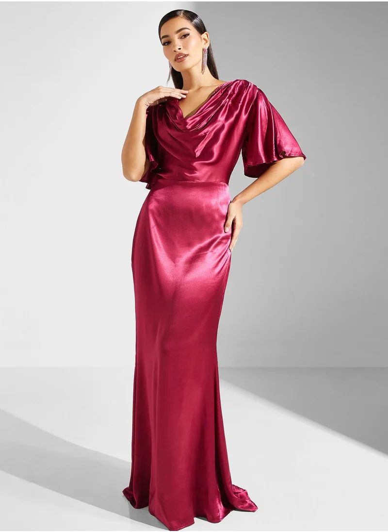 Goddiva Cowl Neck Flared Sleeve Satin Dress