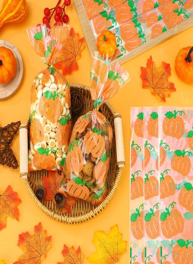 peony man 120 Pcs Fall Cellophane Treat Bags Fall Pumpkin Candy Bags Glitter Autumn Plastic Goodie Treat Bag Clear Thanksgiving Gift Bag with Twist Ties for Autumn Harvest Thanksgiving Party Supplies - Image 4