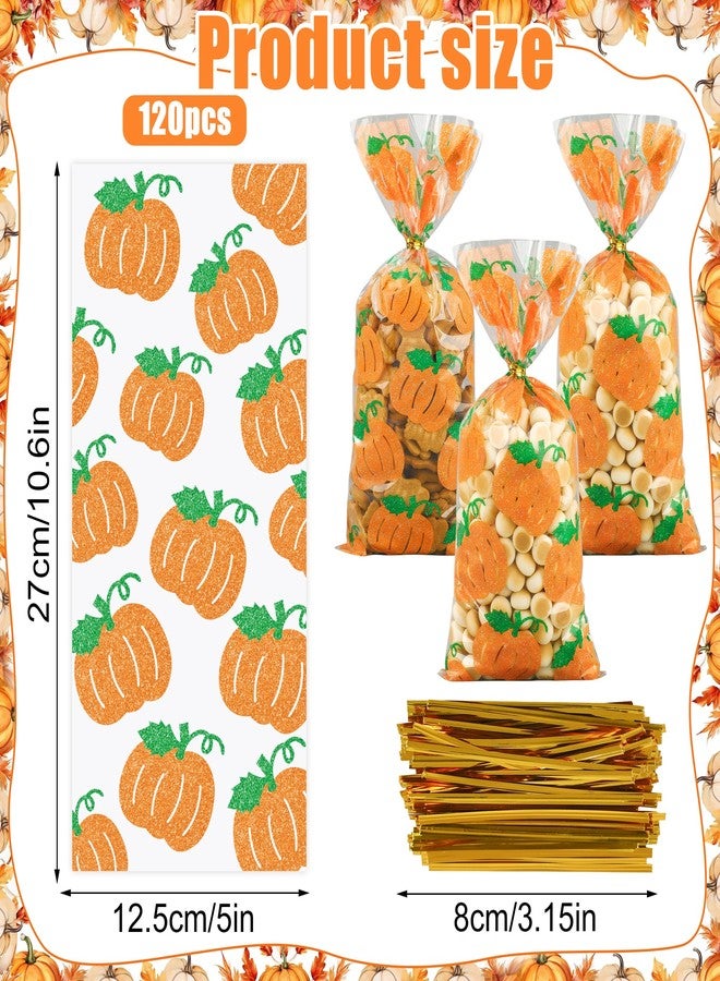 peony man 120 Pcs Fall Cellophane Treat Bags Fall Pumpkin Candy Bags Glitter Autumn Plastic Goodie Treat Bag Clear Thanksgiving Gift Bag with Twist Ties for Autumn Harvest Thanksgiving Party Supplies - Image 2