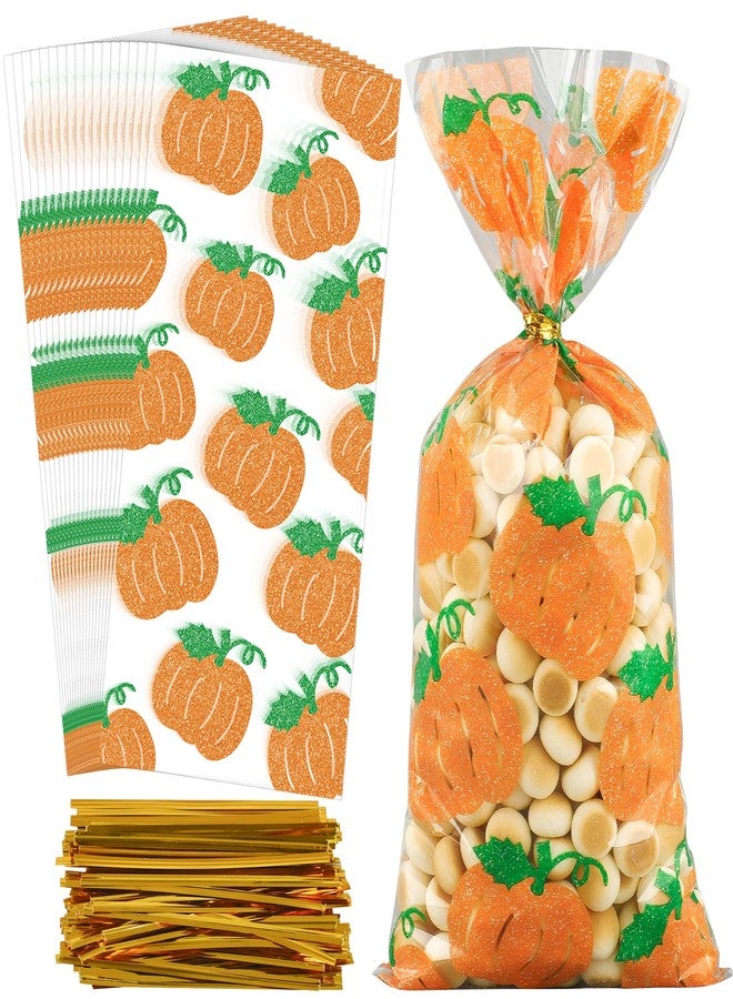 peony man 120 Pcs Fall Cellophane Treat Bags Fall Pumpkin Candy Bags Glitter Autumn Plastic Goodie Treat Bag Clear Thanksgiving Gift Bag with Twist Ties for Autumn Harvest Thanksgiving Party Supplies - Image 1