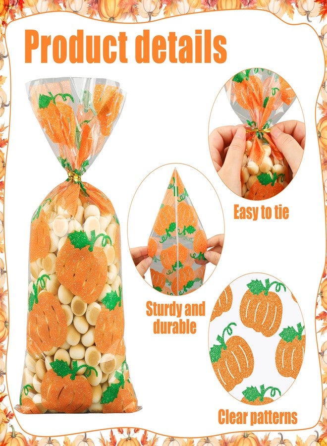 peony man 120 Pcs Fall Cellophane Treat Bags Fall Pumpkin Candy Bags Glitter Autumn Plastic Goodie Treat Bag Clear Thanksgiving Gift Bag with Twist Ties for Autumn Harvest Thanksgiving Party Supplies - Image 3