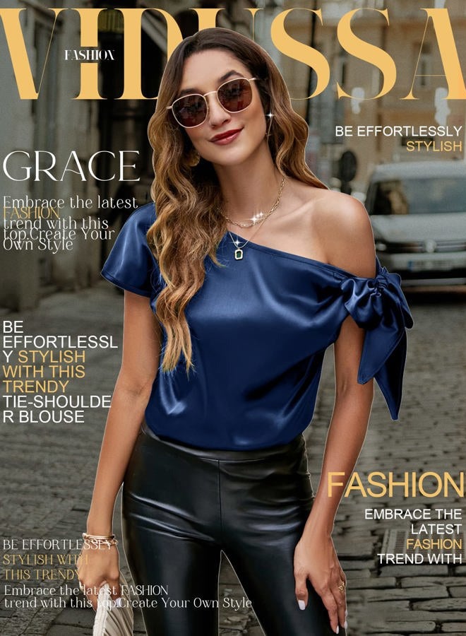 VIDUSSA Women's Off Shoulder Silk Tops Casual Short Sleeve Asymmetrical Neck Satin Blouse Shirts, Navy Blue, M - Image 3
