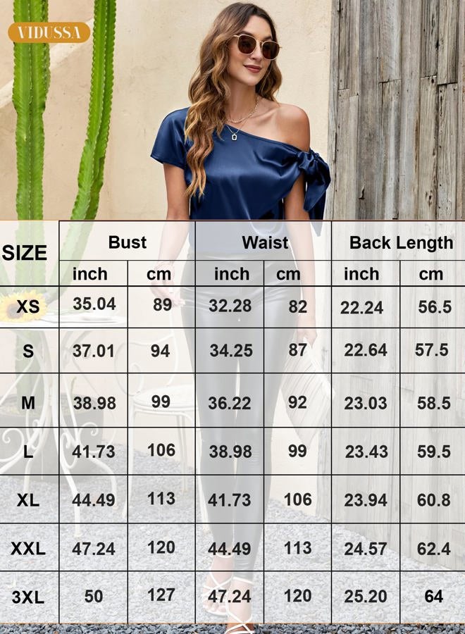 VIDUSSA Women's Off Shoulder Silk Tops Casual Short Sleeve Asymmetrical Neck Satin Blouse Shirts, Navy Blue, M - Image 5