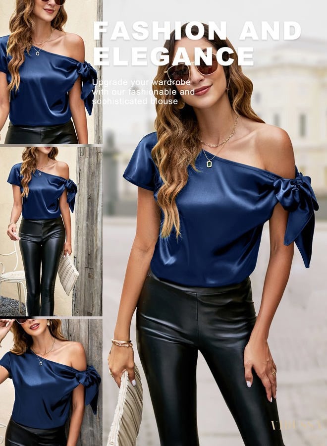 VIDUSSA Women's Off Shoulder Silk Tops Casual Short Sleeve Asymmetrical Neck Satin Blouse Shirts, Navy Blue, M - Image 2
