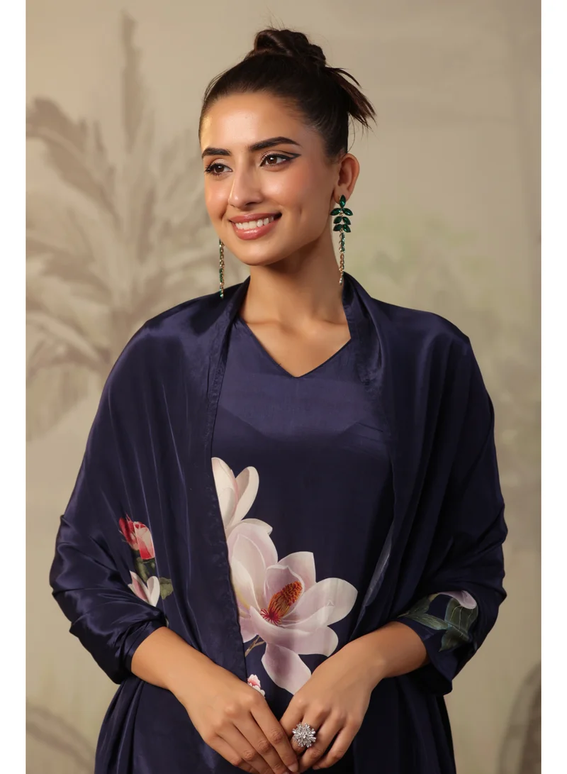 باناش برييا طقم كورتا مستقيم من حرير الكريب باللون الأزرق الكحلي للنساء مع دوباتا – ملابس هندية تقليدية، طقم كورتيه مطبوع بنقوش زهرية للحفلات والمناسبات الاحتفالية