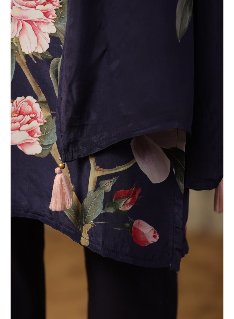 PRIYA’S PANACHE Navy Blue Crepe Silk Straight Kurta Set for Women with Dupatta – Indian Ethnic Wear, Floral Printed Kurti Set Festive Party Wear - Image 5