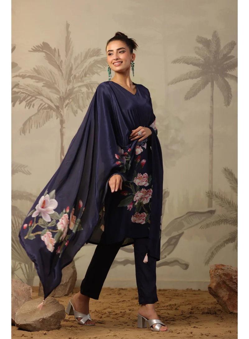 PRIYA’S PANACHE Navy Blue Navy Blue Crepe Silk Straight Kurta Set for Women with Dupatta – Indian Ethnic Wear, Floral Printed Kurti Set Festive Party Wear for Women | Best Price UAE