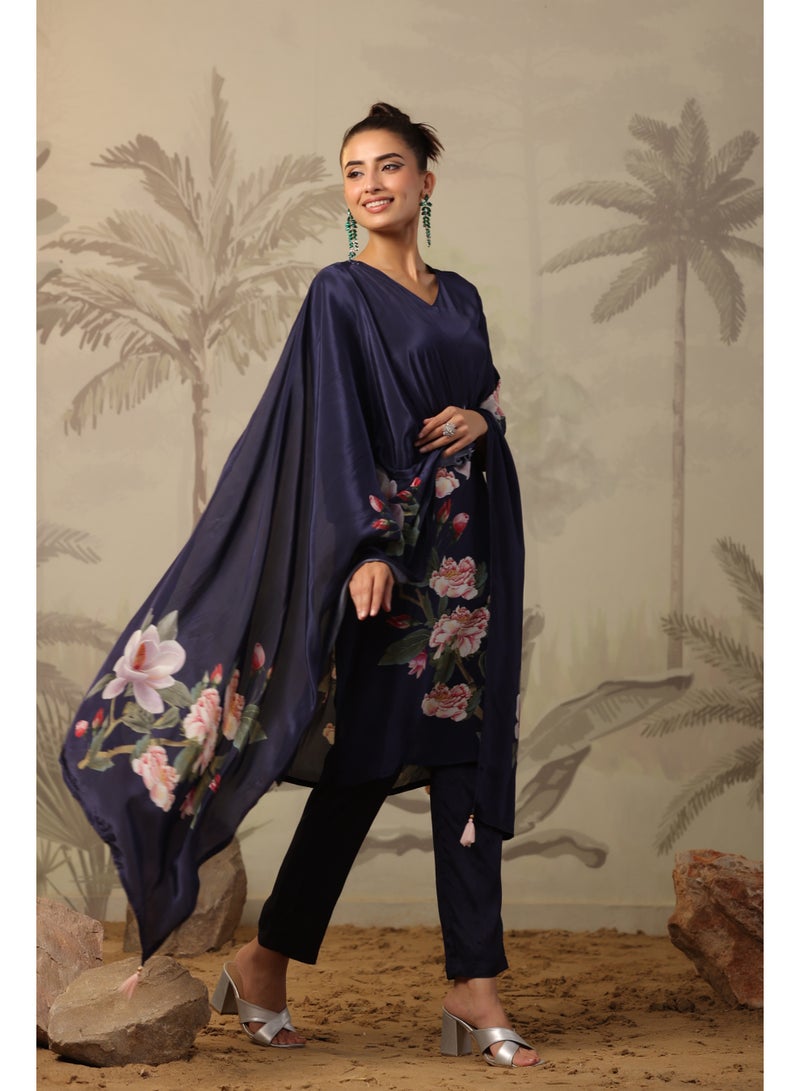 PRIYA’S PANACHE Navy Blue Crepe Silk Straight Kurta Set for Women with Dupatta – Indian Ethnic Wear, Floral Printed Kurti Set Festive Party Wear - Image 4